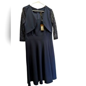 Elegant Navy Blue Dress with Lace Sleeves